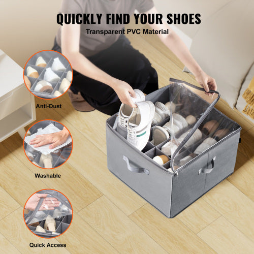 Under Bed Shoe Storage Organizer, 16 Compartments with Adjustable Dividers, Clear Window & Reinforced Handles, Breathable.