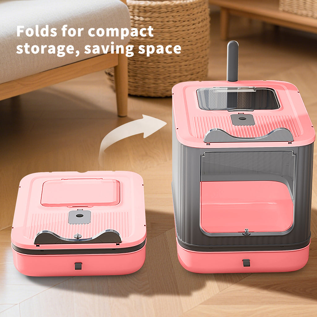 Foldable Enclosed Cat Litter Box with Drawer Tray, Top Exit & Front Entry, Litter Scoop, Gray and Pink, 19.69" x 13.78" x 13.78"