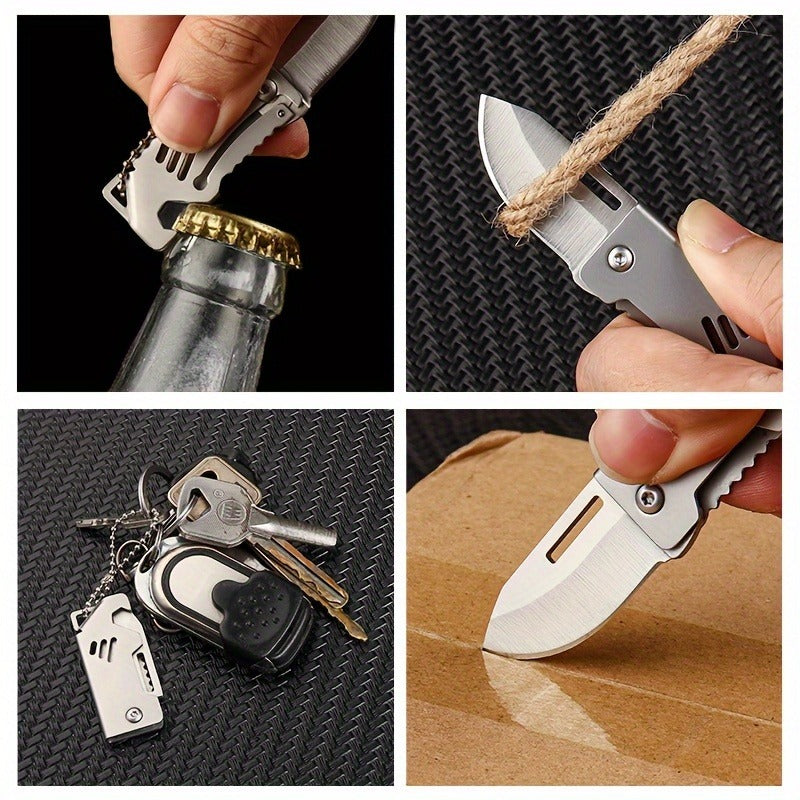 Multifunctional Stainless Steel Keychain Folding Utility Knife, Mini EDC Pocket Cutter with Bottle Opener, Portable Box & Rope Cutting Tool