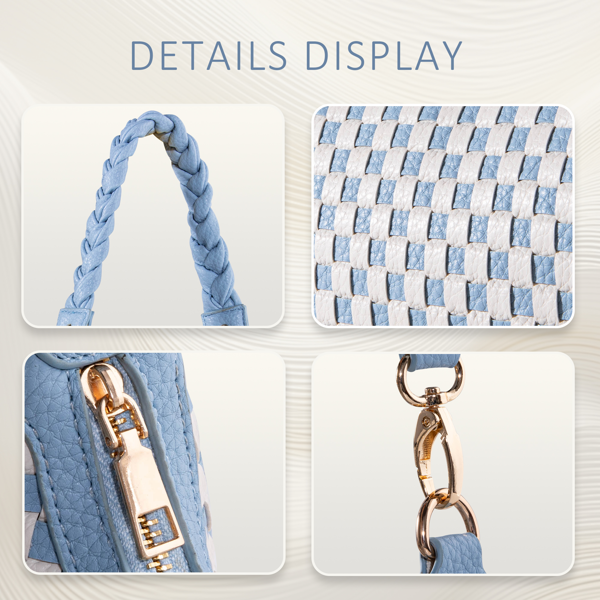 Checkered Shoulder Bag for Women, Y2K Hobo Crescent Purse with Braided Strap, Small Blue White Armpit Bag Trendy Fashion Handbag