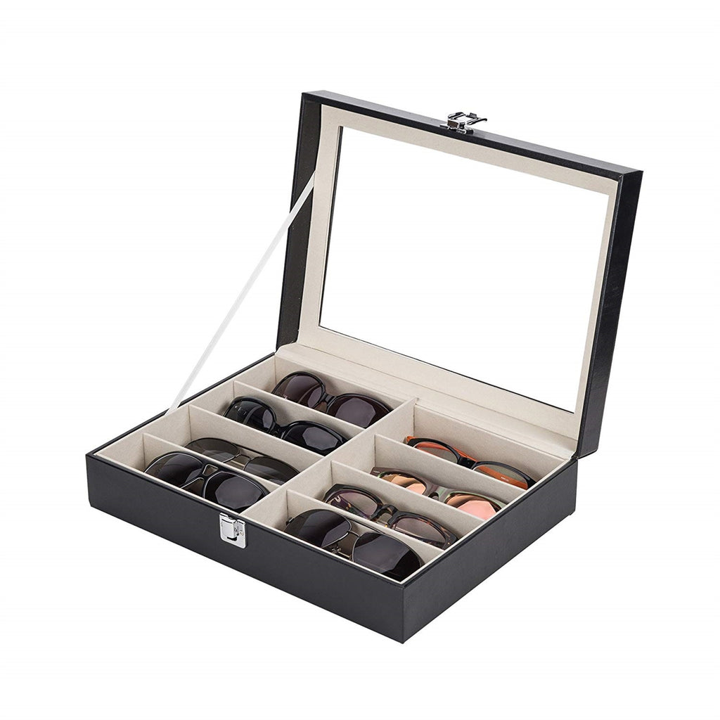 AEELLEEA-Leather Multi Sunglasses Organizer for Women & Men, Eyeglass Display Storage Box with 8 Slots, Black Eyewear Holder for Sunglasses Collection
