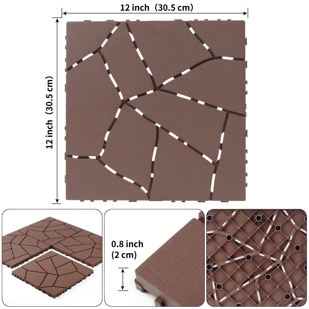 AEELLEEA Stone Look 12 Inch Interlocking Patio Deck Tiles, 44 Pcs Brown PP Outdoor Floor Tiles for Poolside Balcony Backyard