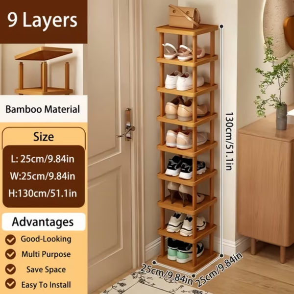 Bamboo Shoe Rack 9 Tier, Tall Natural Bamboo Shoe Shelf 51 Inch for Entryway, Eco Friendly Space Saving Vertical Storage Rack