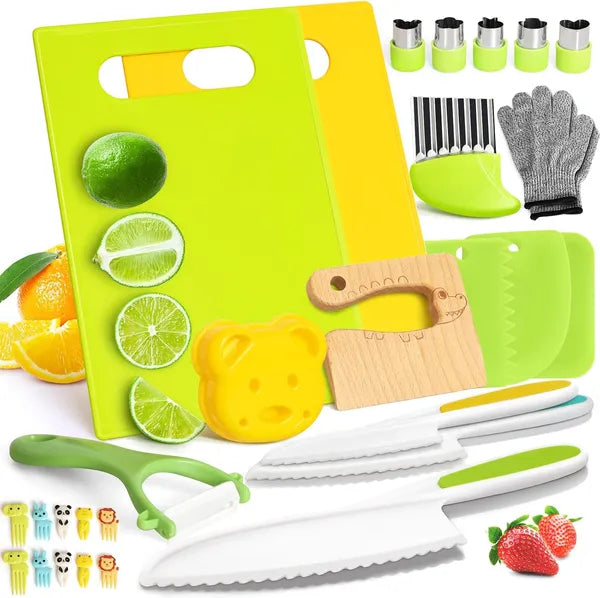 Aeelleea 28Pcs Kids Kitchen Knife Set, Montessori Safe Cooking Tools, Cutting Boards, Wave Knives, Vegetable Cutters for Boys Girls