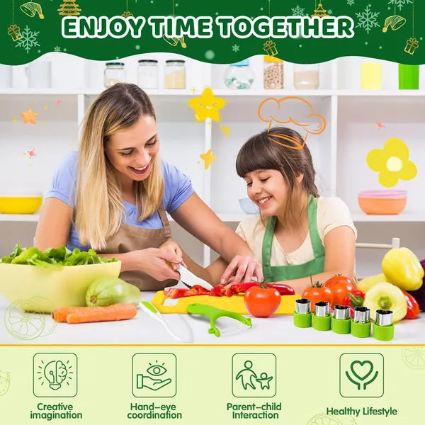 Aeelleea 28Pcs Kids Kitchen Knife Set, Montessori Safe Cooking Tools, Cutting Boards, Wave Knives, Vegetable Cutters for Boys Girls