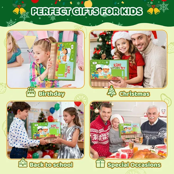 Aeelleea 28Pcs Kids Kitchen Knife Set, Montessori Safe Cooking Tools, Cutting Boards, Wave Knives, Vegetable Cutters for Boys Girls