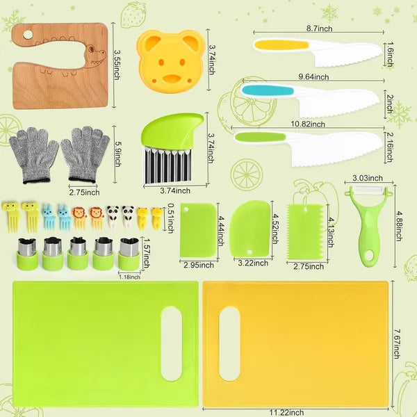 Aeelleea 28Pcs Kids Kitchen Knife Set, Montessori Safe Cooking Tools, Cutting Boards, Wave Knives, Vegetable Cutters for Boys Girls