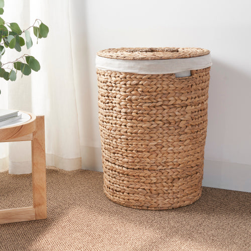 AEELLEEA 18 x 23 Inch Round Water Hyacinth Laundry Hamper with Lid & Removable Liner, Woven Storage Basket for Bedroom