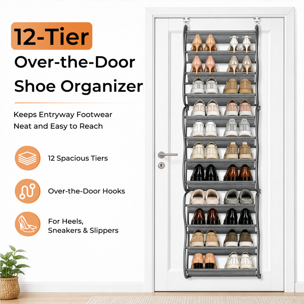 Over the Door Shoe Organizer 12 Tier, Hanging Shoe Rack with Hooks for Heels Sneakers Slippers, Metal Storage for Entryway