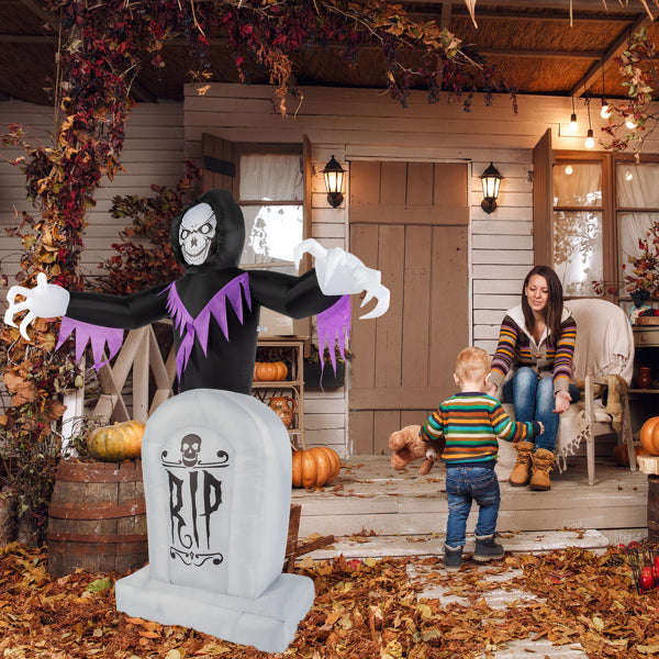 6FT Inflatable Grim Reaper & Grave Halloween Yard Decor with 3-LED Light String, 12V Outdoor Holiday Prop for Trick or Treat Season