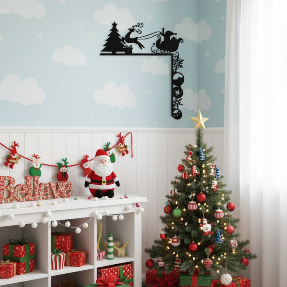 AEELLEEA Metal Christmas Door Corner Decor, Santa Sleigh & Reindeer Silhouette Wall Sculpture, Holiday Home Accent for Mantel, Christmas Party Decor & Gift