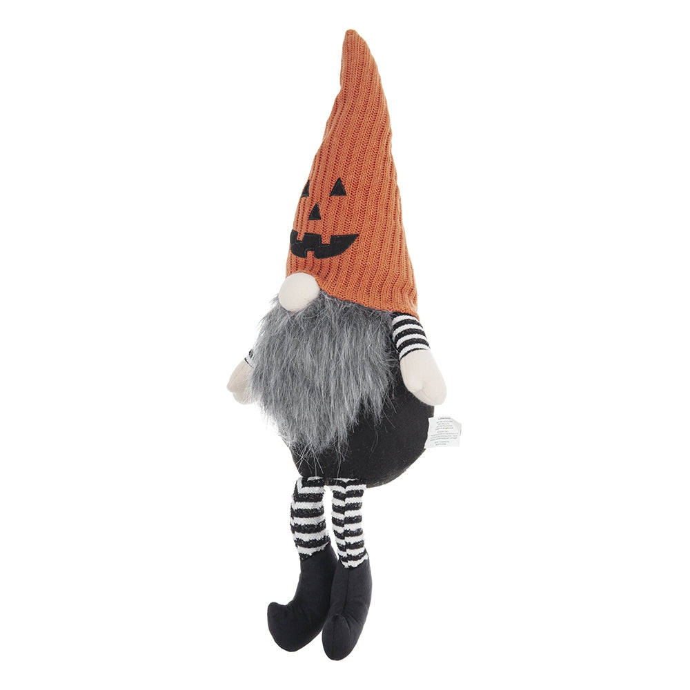 Halloween Gnome Decor, 23.5 Inch Fabric Sitting Plush Gnome with Orange Pumpkin Knit Hat, Black Striped Legs Farmhouse Tabletop Ornament for Holiday Home Party Decoration