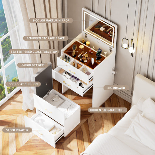 AEELLEEA 3-in-1 Makeup Vanity Desk with 3-Color Lighted Mirror, Drawers and Storage Stool, White