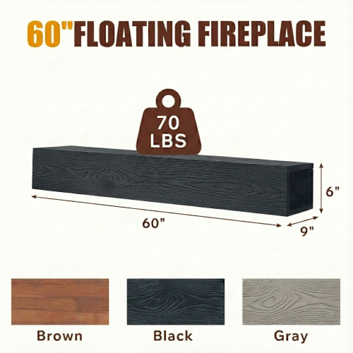 AEELLEEA 60-Inch Solid Wood Floating Fireplace Mantel Shelf, Black, 9 x 6 Inches, 70 lb Capacity