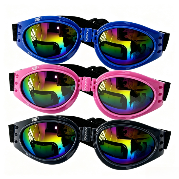3-Pack Dog Goggles with Colorful Lenses, Adjustable Pet Sunglasses for Small to Medium Dogs, Blue Pink Black