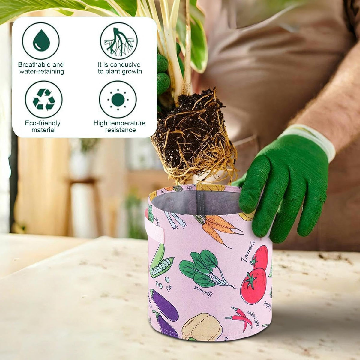 3 Gallon Plant Grow Bags, 5-Pack Vegetable Printed Fabric Planter Pots with Handles, 2 Colors Optional, for Vegetable Flower Garden