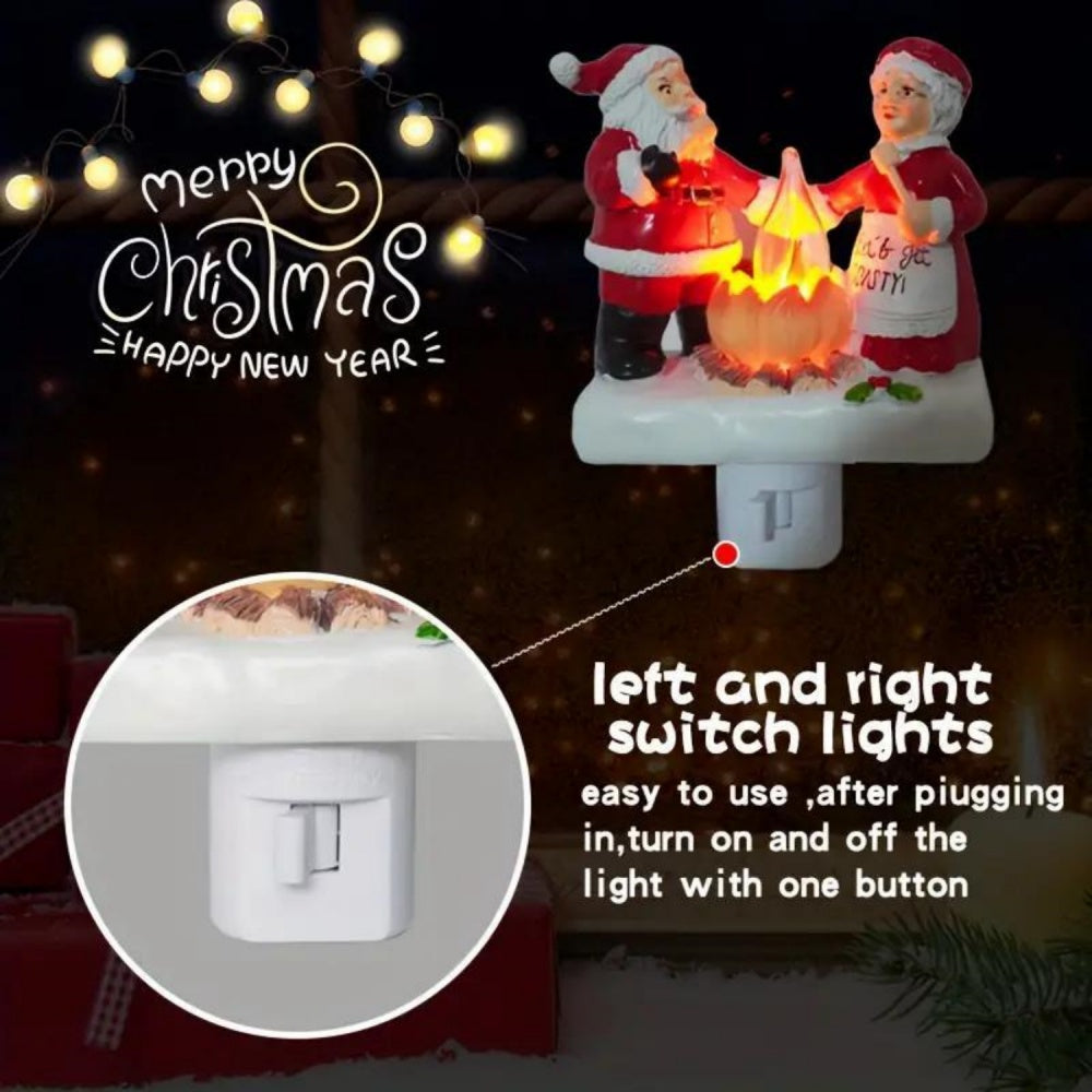 Christmas Plug-in Night Light Santa and Mrs Claus Roasting Marshmallow by Campfire Flickering Flame Resin Figurine Wall Sconce.