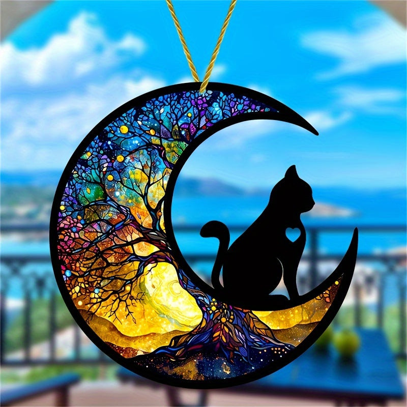 Moon with Silhouette Cat and Tree Acrylic Suncatcher Hanging, 5.9 inch Window Decor with Printed Stained Glass Style Design, Rainbow Maker Wall Art