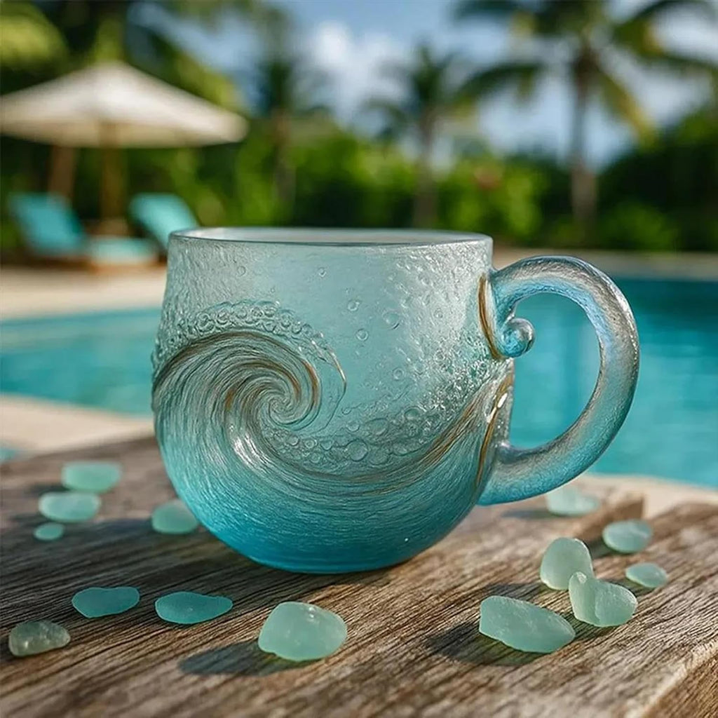 Handblown Ocean Wave Sea Glass Mug, 12oz Textured Blue Glass Coffee Tea Cup, Coastal Beach Themed Drinkware, Unique Artisan Gift for Ocean Lovers
