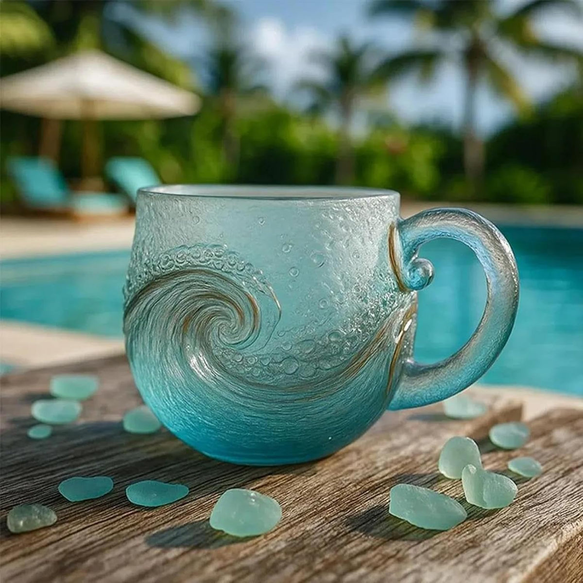 Handblown Ocean Wave Sea Glass Mug, 12oz Textured Blue Glass Coffee Tea Cup, Coastal Beach Themed Drinkware, Unique Artisan Gift for Ocean Lovers