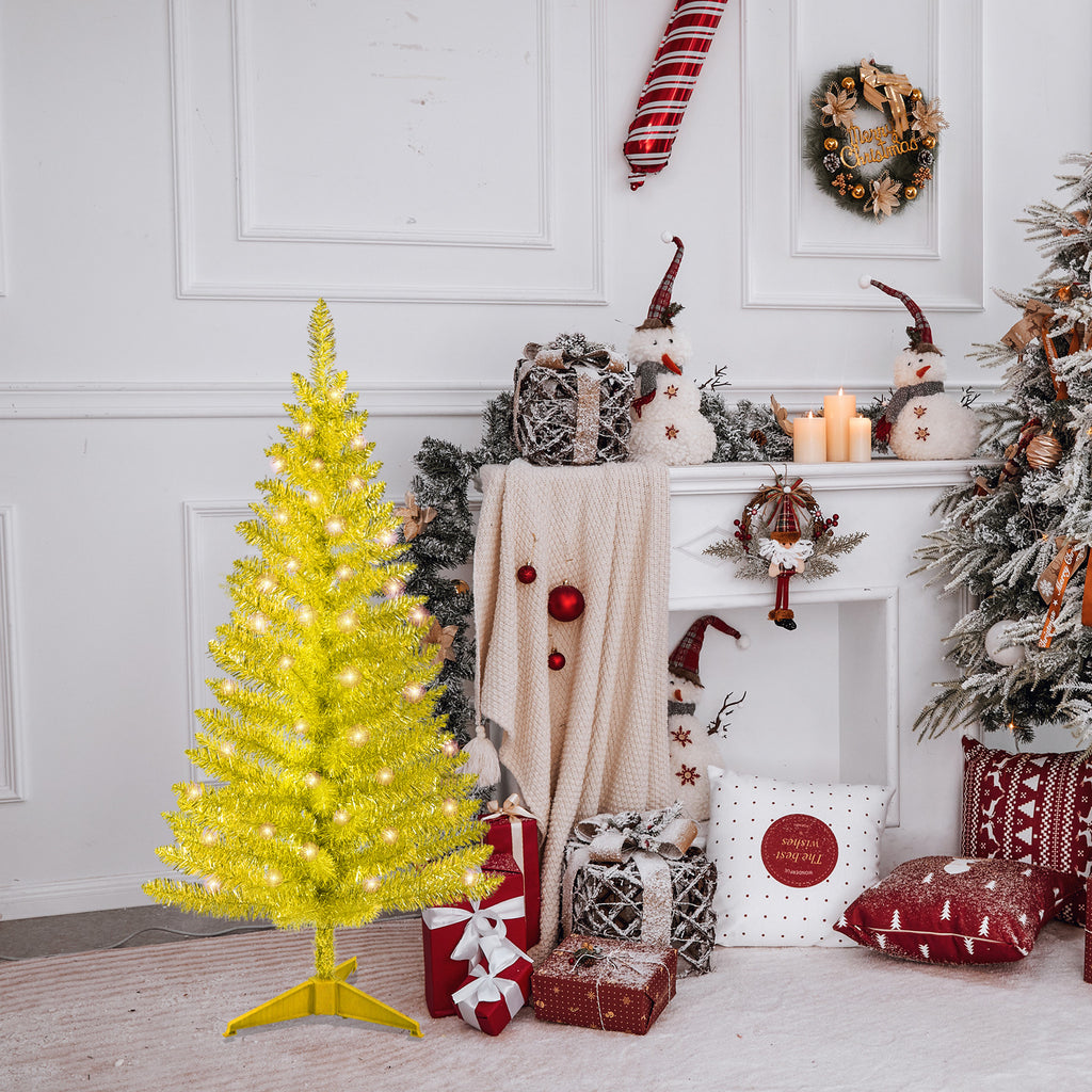 4 FT Gold Christmas Tree with 50 Pre-Strung UL Lights, 122 Tips Hinged Artificial Holiday Tree with Plastic Stand for Indoor Home Decor.