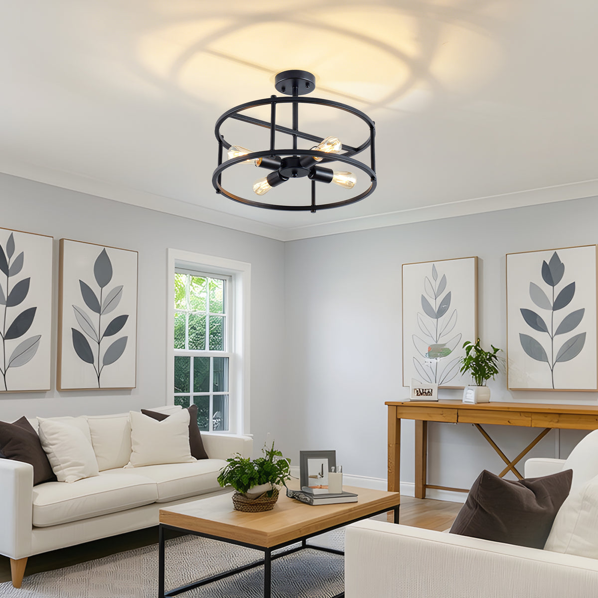 4-Light Semi Flush Mount Ceiling Light, Industrial Black Metal Circular Frame Cage Chandelier, Farmhouse Ceiling Lamp for Bedroom Living Room Hallway Entryway Home Decor