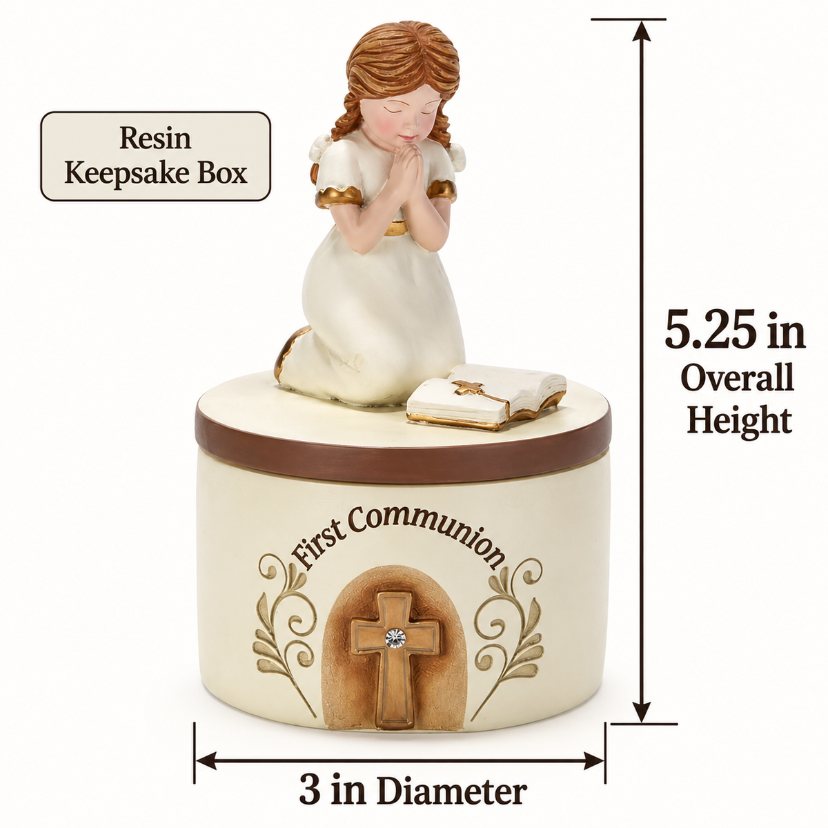 First Communion Keepsake Box with Praying Girl Figurine, Resin Religious Jewelry Box with Removable Lid, 5.25"