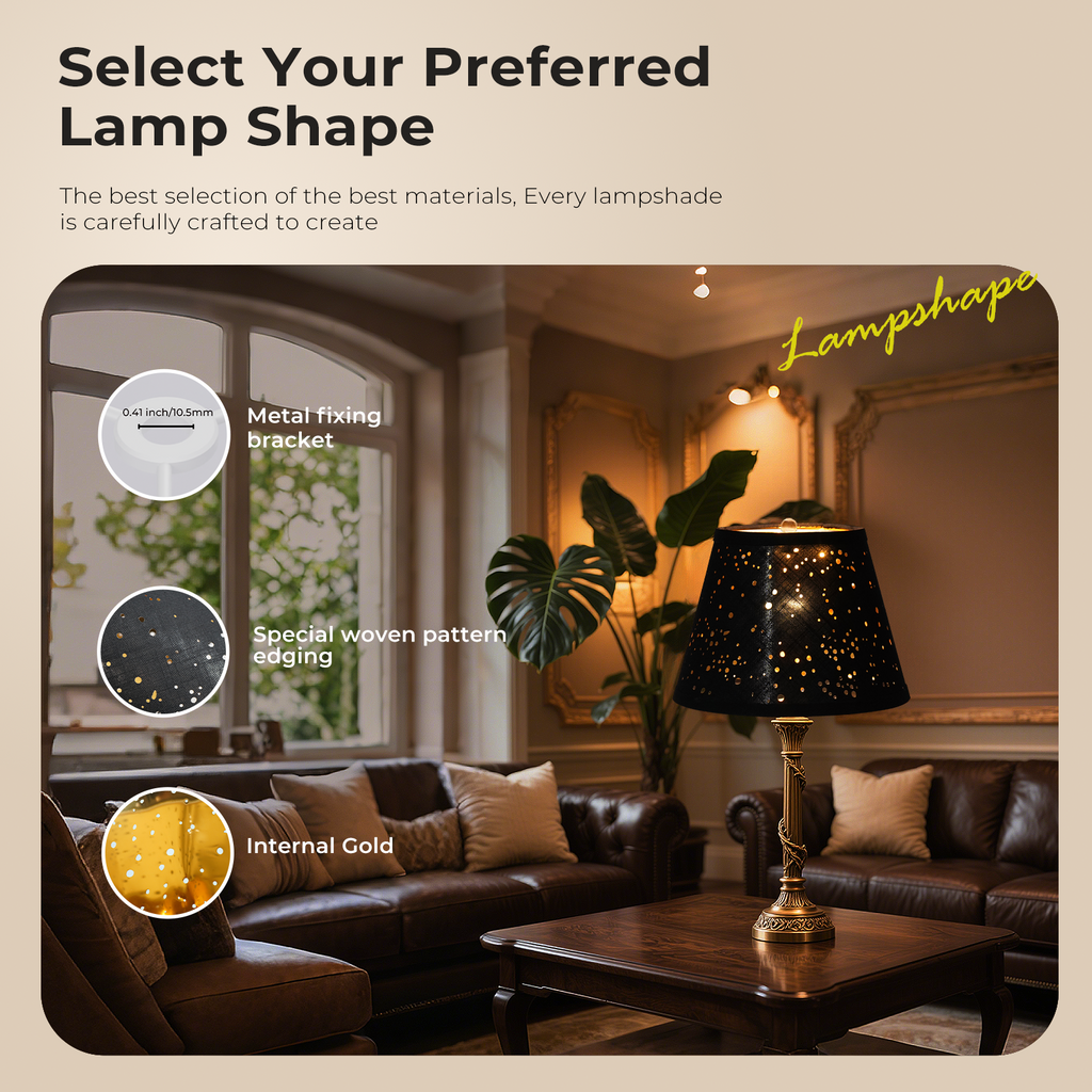 ALUCSET Set of 2 Natural Linen Bell Lamp Shades – Spider Fitter, 7" Top x 11" Bottom x 8"H, Black/Gold, Harp Holder Included