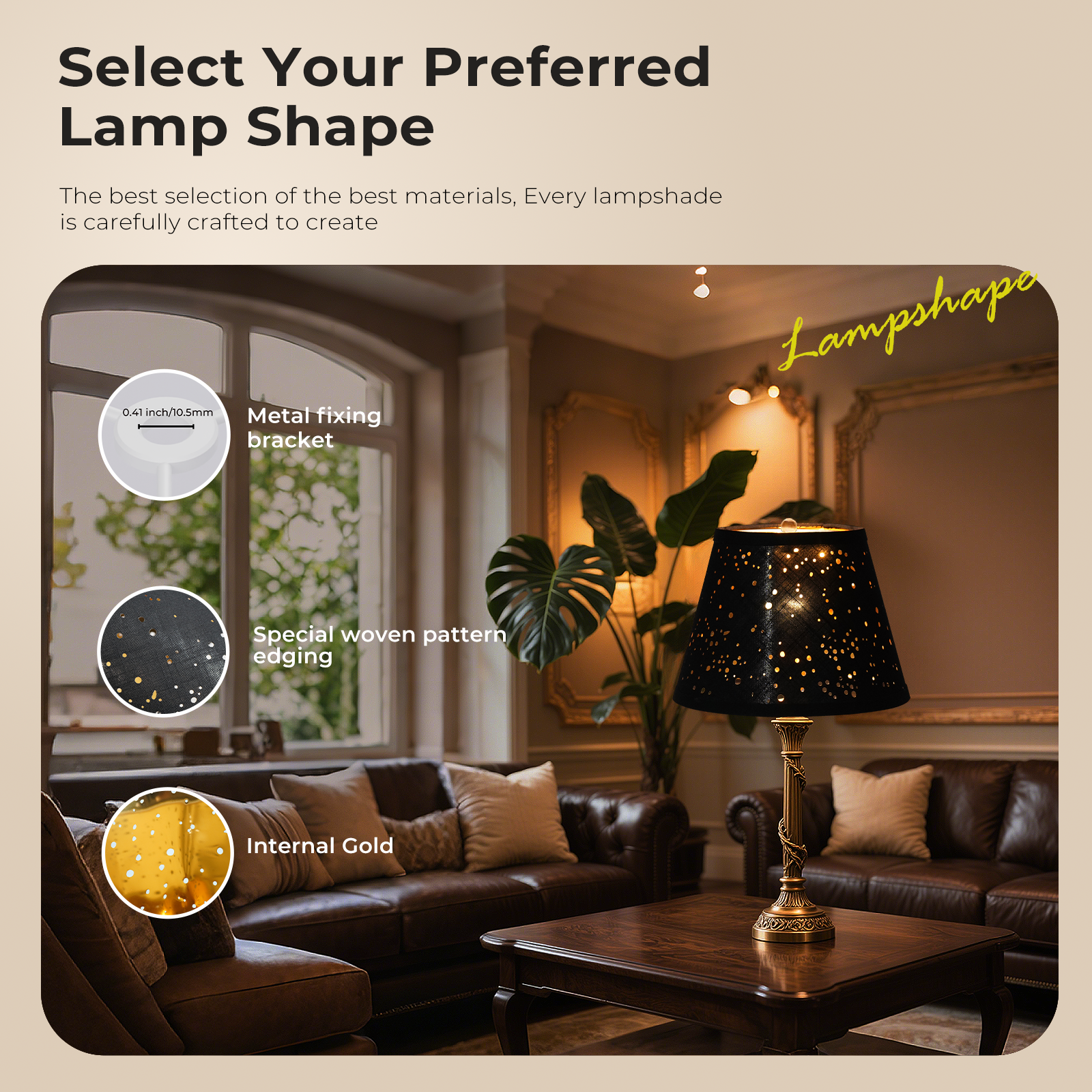 ALUCSET Set of 2 Natural Linen Bell Lamp Shades – Spider Fitter, 7" Top x 11" Bottom x 8"H, Black/Gold, Harp Holder Included