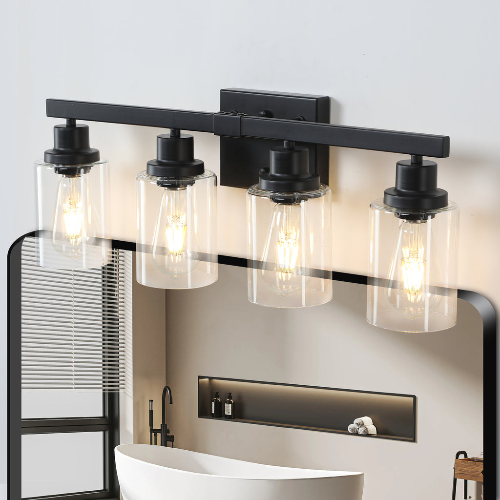 4-Light Vanity Makeup Mirror Lamp, Black Iron Base & Lamp Cup Connector, Clear Glass Lampshade, Wall Mounted Makeup Light for Dressing Table, Bedroom & Bathroom Home Decor