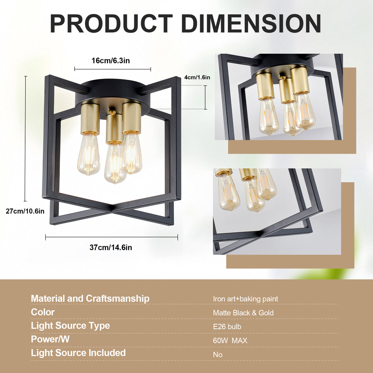 3-Light Semi Flush Mount Ceiling Light, Industrial Black Metal Geometric Square Frame with Gold Socket, Farmhouse Ceiling Lamp for Bedroom Living Room Hallway Entryway Home Decor
