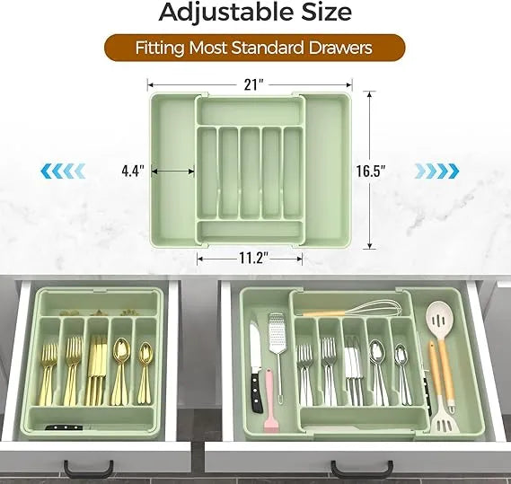 AEELLEEA Expandable Silverware Organizer Tray, Green Adjustable Kitchen Drawer Utensil Holder for Flatware