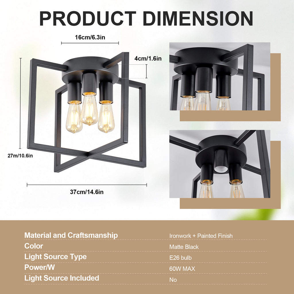 3-Light Semi Flush Mount Ceiling Light, Industrial Black Metal Geometric Square Cage Chandelier, Farmhouse Ceiling Lamp for Bedroom Living Room Hallway Entryway Home Decor