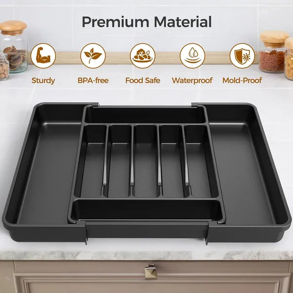 AEELLEEA Expandable Silverware Organizer Tray, Black Adjustable Kitchen Drawer Utensil Holder for Flatware