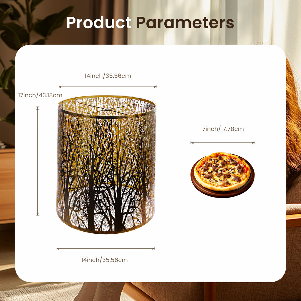 ALUCSET 14"×17" Cylinder Metal Lamp Shade, Black Gold Forest Etched Tree Shadow Lampshade with Spider Fitter for Table & Floor Lamps