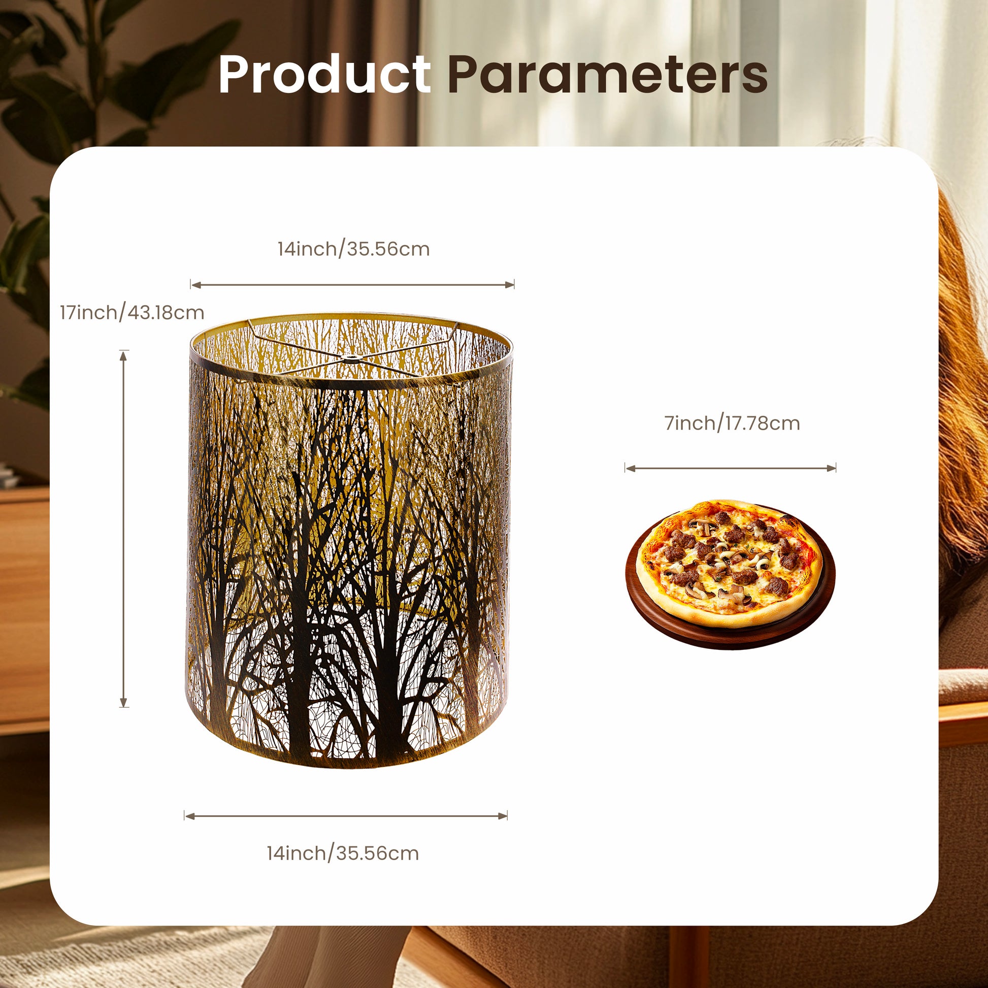 ALUCSET 14"×17" Cylinder Metal Lamp Shade, Black Gold Forest Etched Tree Shadow Lampshade with Spider Fitter for Table & Floor Lamps