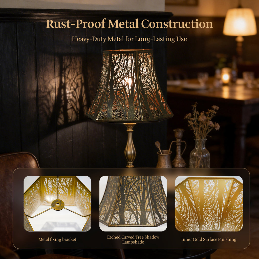 ALUCSET 6.2"×13"×10.8" Hexagonal Lamp Shade, Bronze Gold Forest Tree Etched Metal Lampshade with Spider Fitter for Table & Floor Lamps