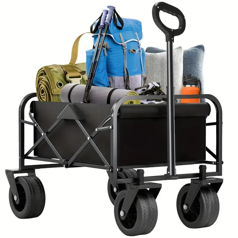 Foldable Utility Wagon Cart with All-Terrain Wheels, Adjustable Handle, Heavy-Duty Metal Frame, Collapsible Beach & Garden Wagon for Camping, Shopping, Sports, and Outdoor Use