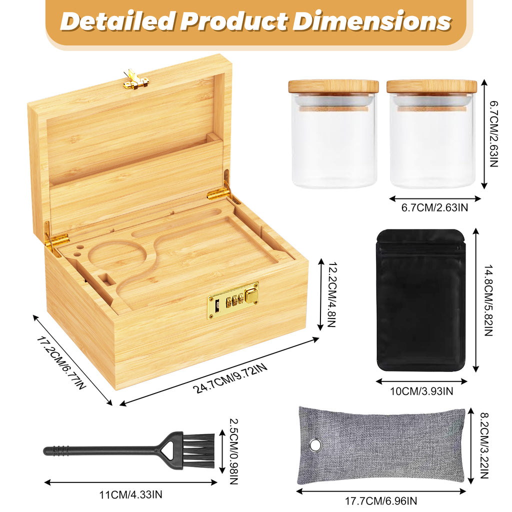 Premium Large Bamboo Box With Combination Lock Decorative Box For Home, Box Kit With Glass Jars And Organizer Tray - Storage Wood Box Accessories