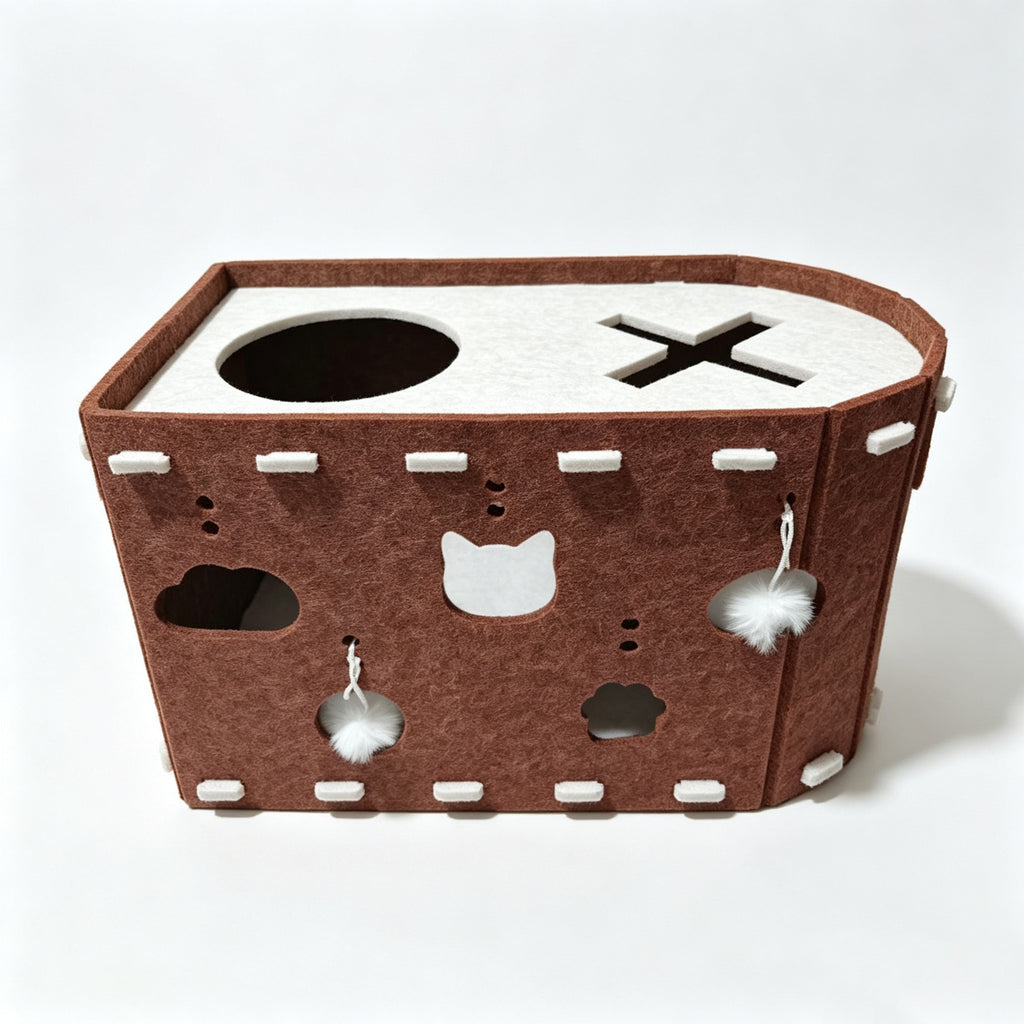 Felt Cat Scratching House, Detachable Cat Tunnel Bed with Pom-Pom Toys, Indoor Cat Cave for Climbing, Play & Sleeping