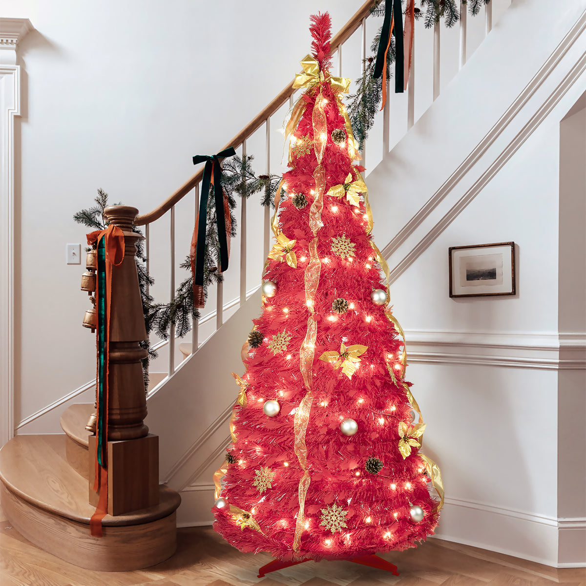 6FT Red Pop-Up Christmas Tree with 150 Warm White LED Lights, 4 Ribbons, Bows, Flowers, Snowflakes, Pine Cones & Balls, Holiday Decor