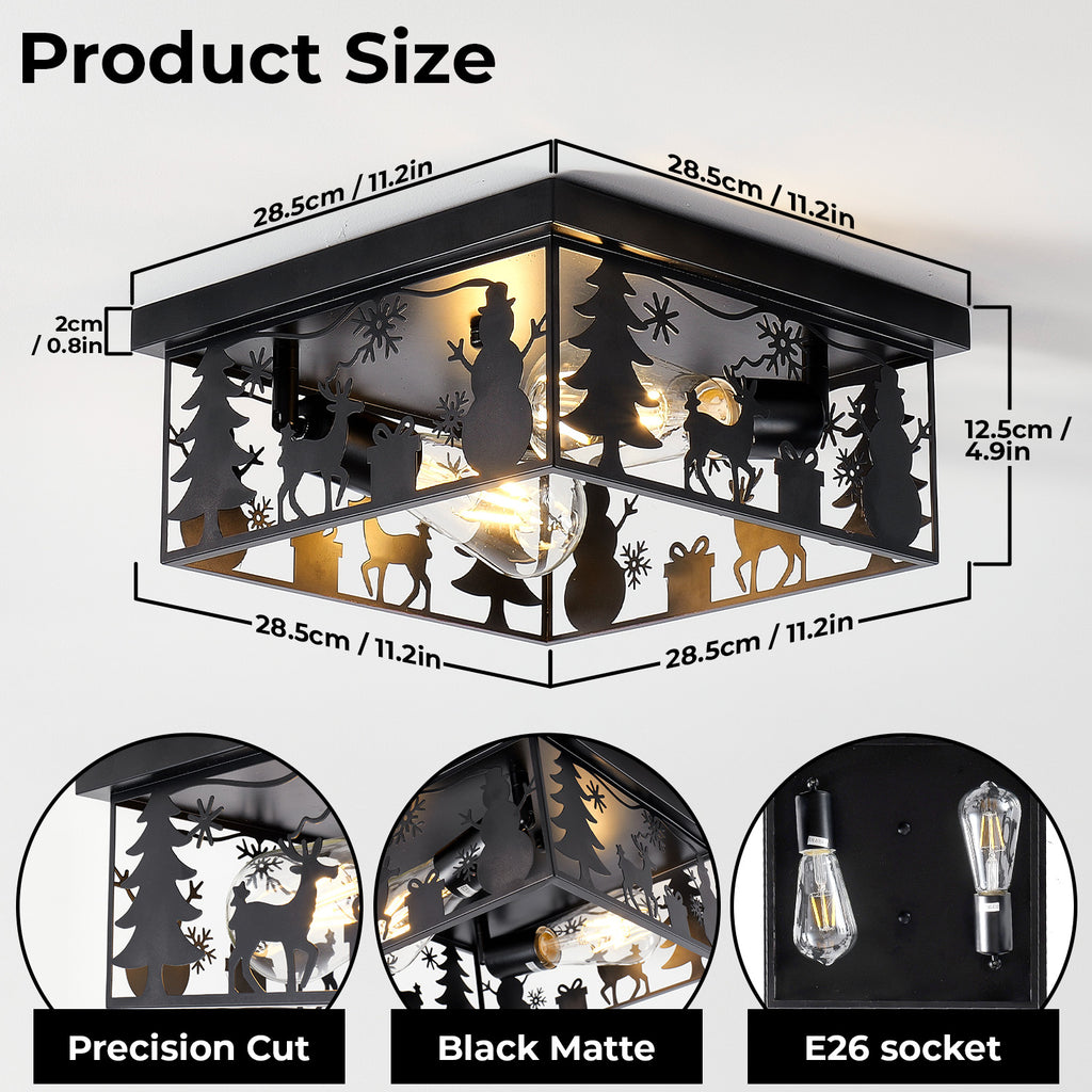 2 Pack Matte Black Square Flush Mount Ceiling Light, Christmas Snowman Deer Tree Cutout Iron Lamp, Vintage E26 Ceiling Light for Bedroom Hallway