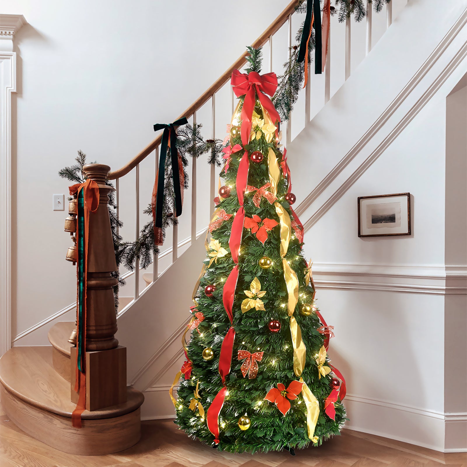 6FT/ 7.5FT glamorous lighted Christmas tree withornaments is the perfect festive home decoration for aparty. The tree features festive details, such as bows andribbons