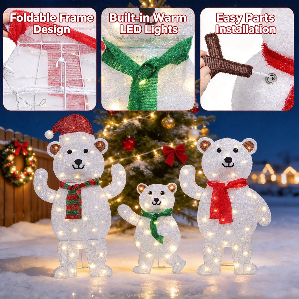 35" Lighted White Bear Family Yard Decorations, 3-Piece 2D Christmas Outdoor Decor with 105 LED Lights