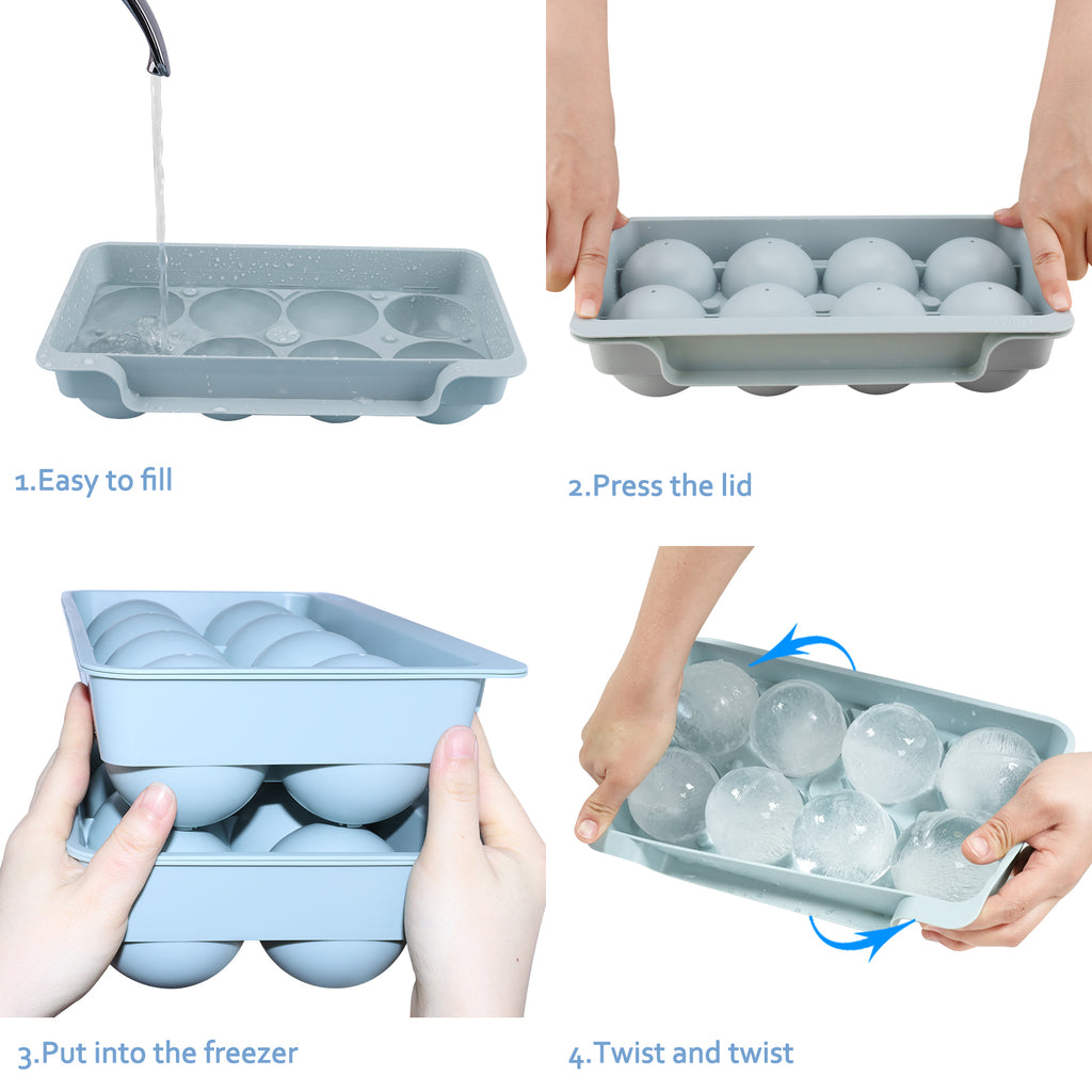 2.5" Large Round Ice Ball Mold with Container & Tongs, 8 Pack Big Sphere Ice Cube Tray for Whiskey Bourbon Cocktail