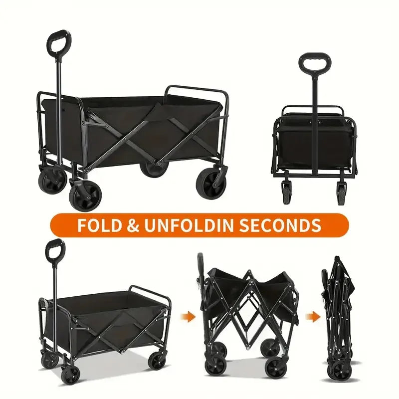 Foldable Utility Wagon Cart with All-Terrain Wheels, Adjustable Handle, Heavy-Duty Metal Frame, Collapsible Beach & Garden Wagon for Camping, Shopping, Sports, and Outdoor Use