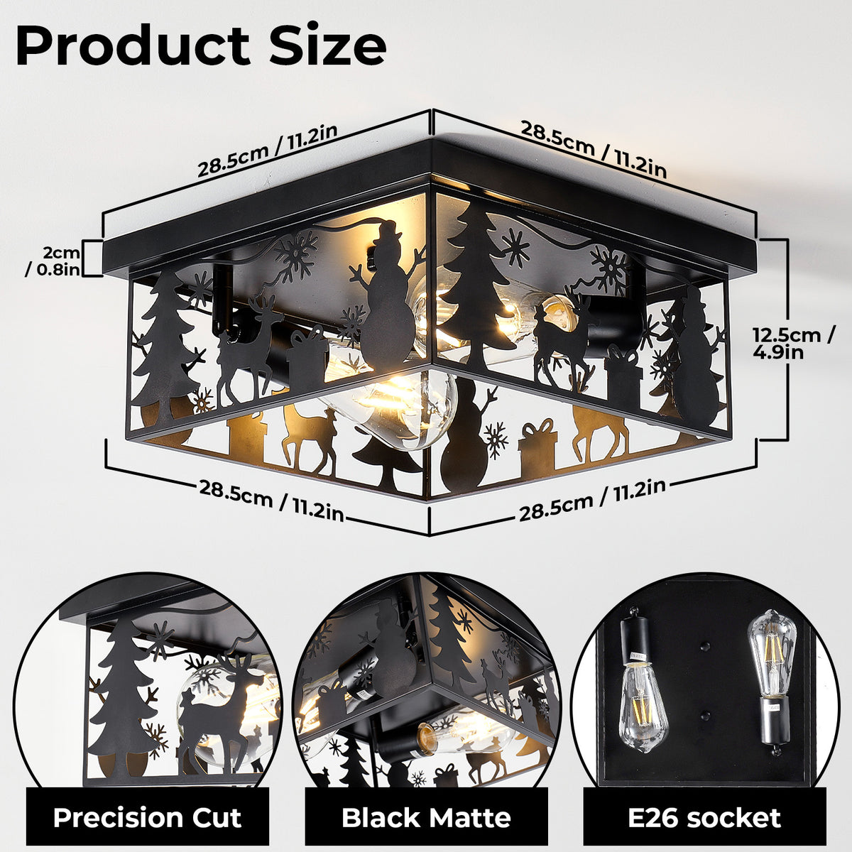Matte Black Square Flush Mount Ceiling Light, Christmas Snowman Deer Tree Cutout Iron Ceiling Lamp, Vintage E26 Ceiling Light for Bedroom Hallway