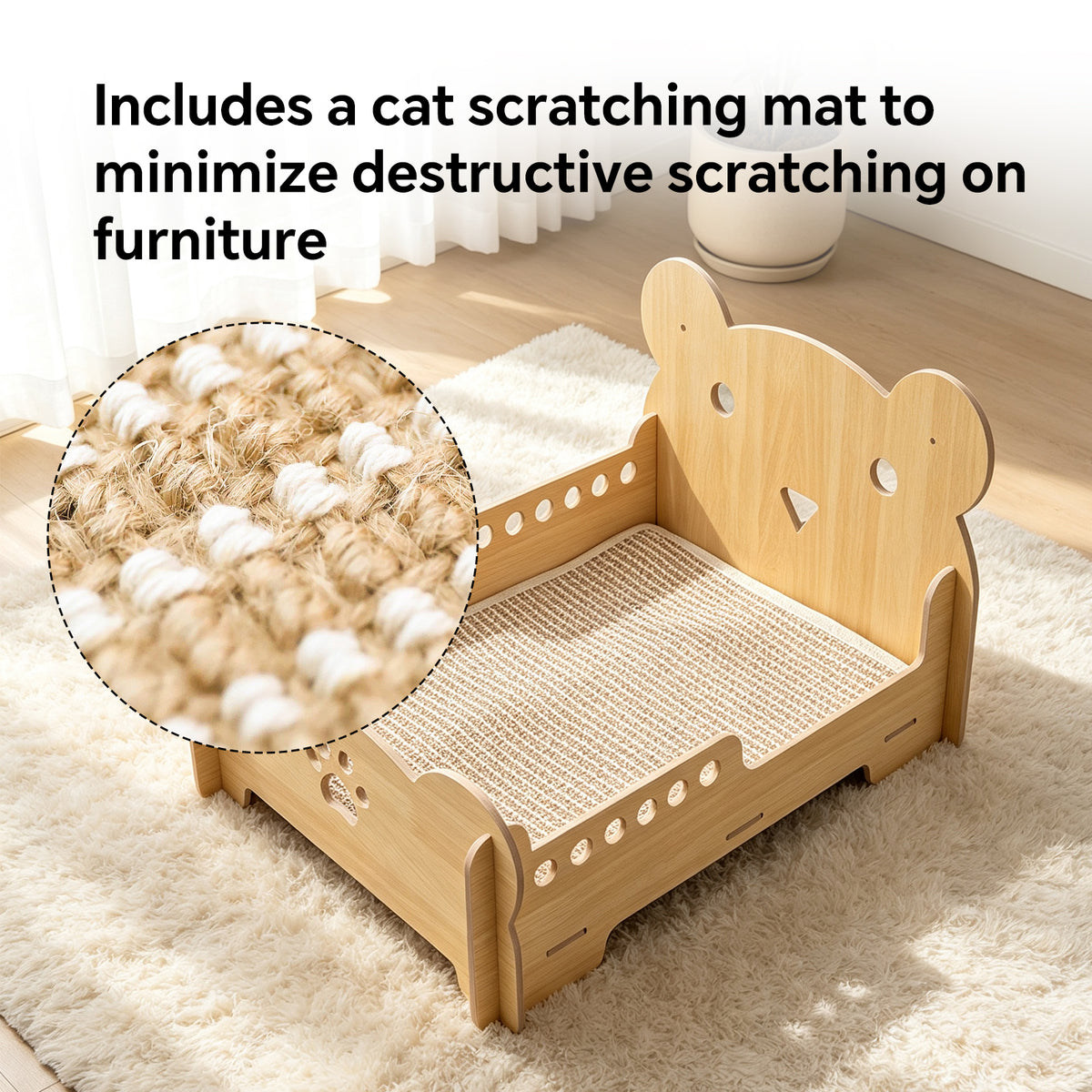 Bear Head Wooden Cat Scratcher Bed, Elevated Cat Lounge Bed with Sisal Mat, Furniture Protector for Small Cats & Dogs