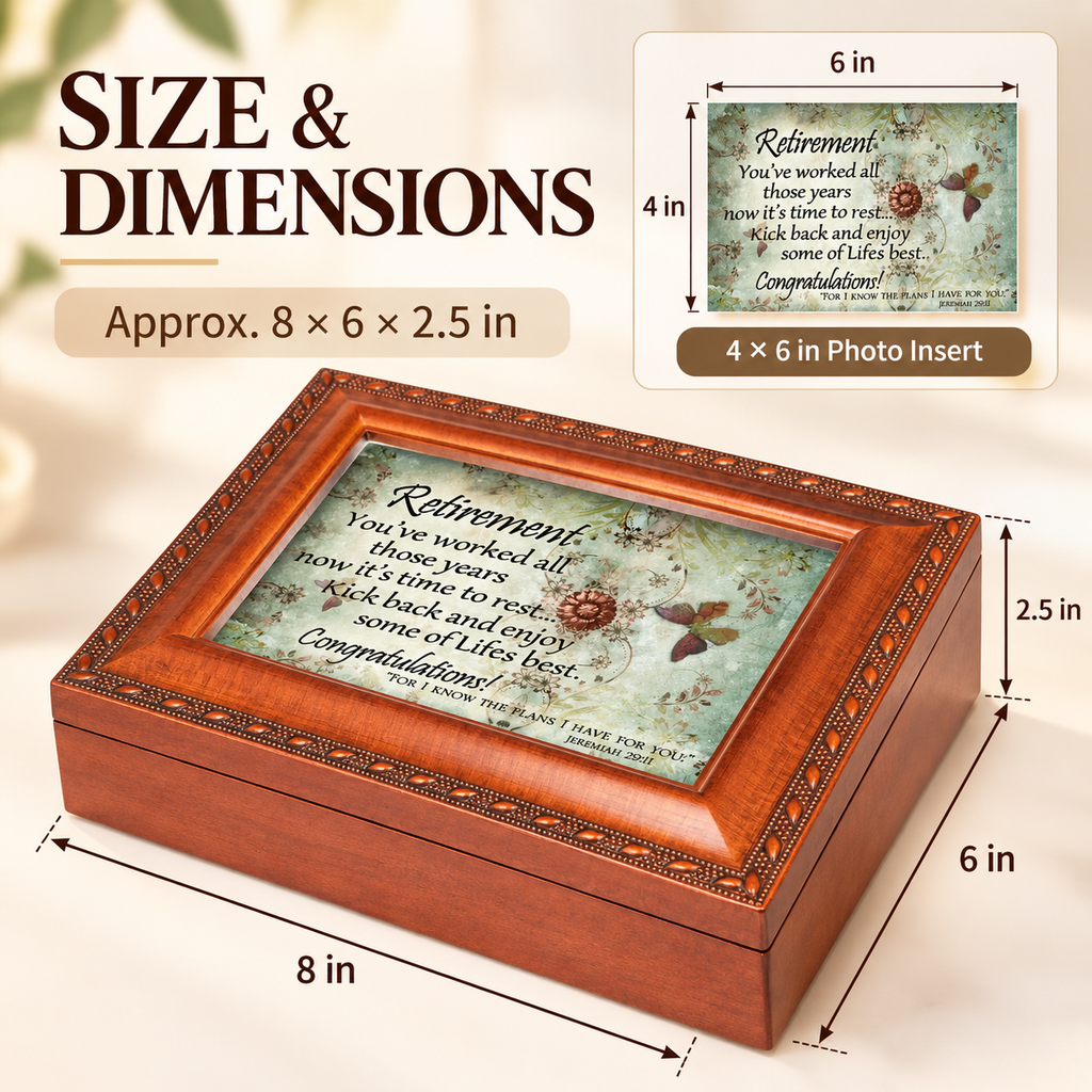 Retirement Keepsake Music Box with 4x6 Photo Insert, Wind-Up Musical Storage Box, 8 x 6 x 2.5 in