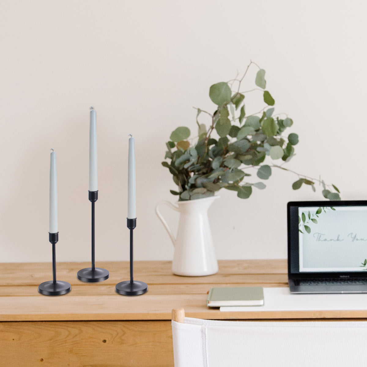 Set of 3 Flickering Flameless White Taper Candles & Black Metal Candlestick Holders, Bathroom Decor
